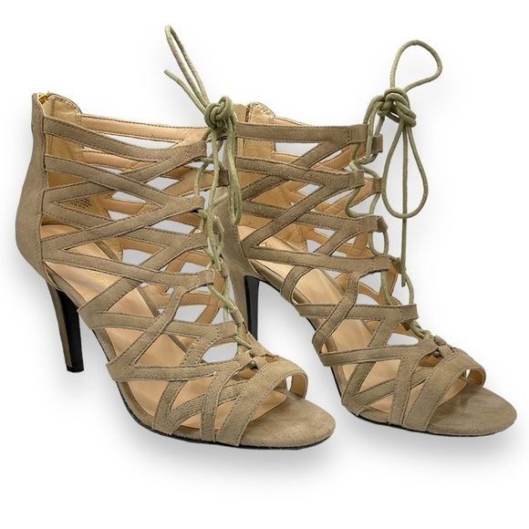 Nine West Shoes - Nine West Authority Peep Toe Cutout Cage Heels Taupe Suede